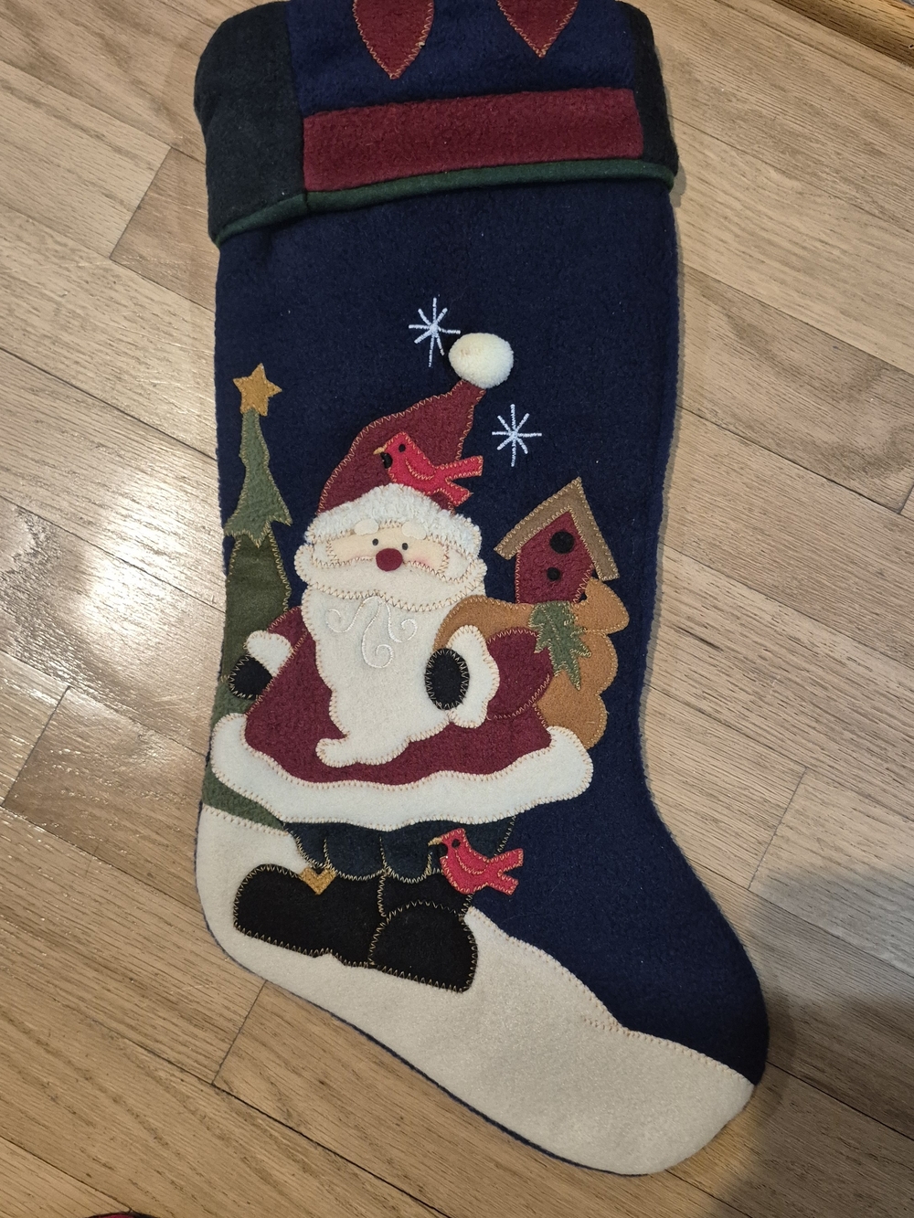 Vintagr Sants Cardinal Birdhouse Christmas Stocking Patchwork Cuff Navy Fleece